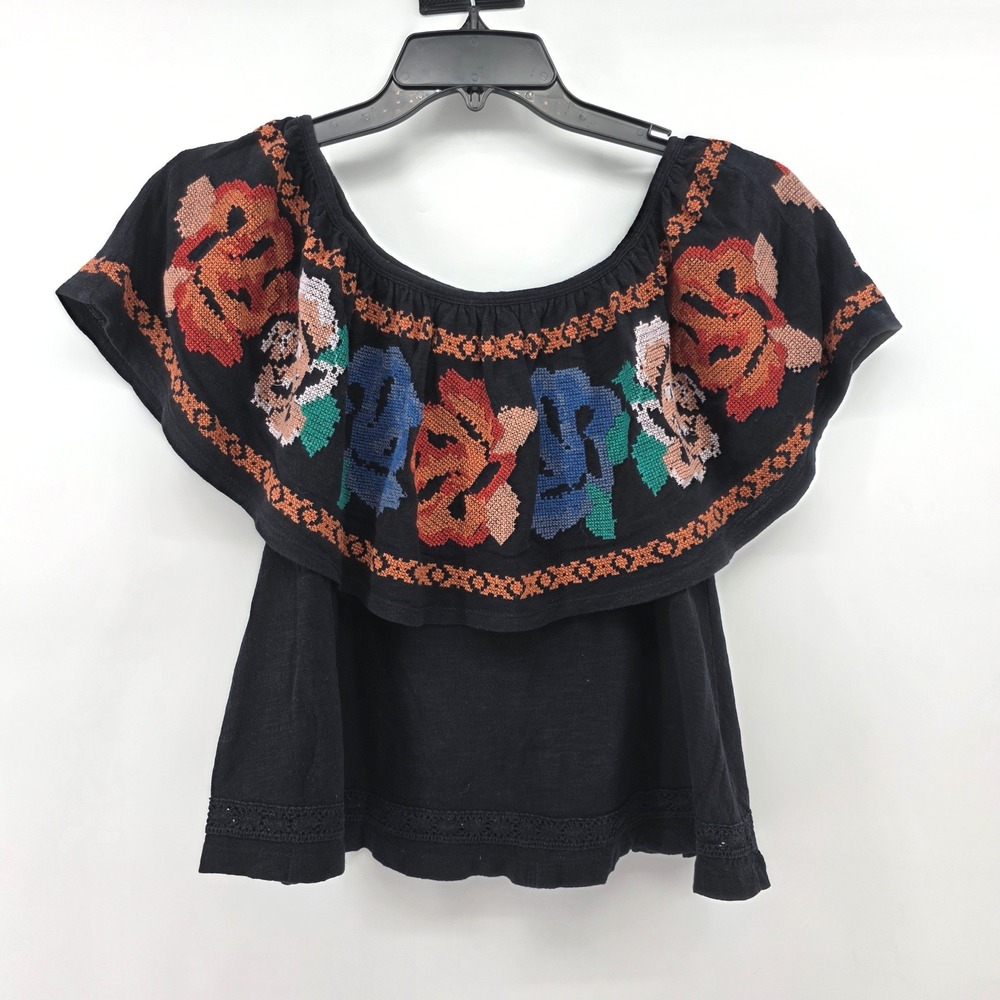 Free People TO the Left Off-Shoulder Embroidered Floral Black Top Size XS Boho